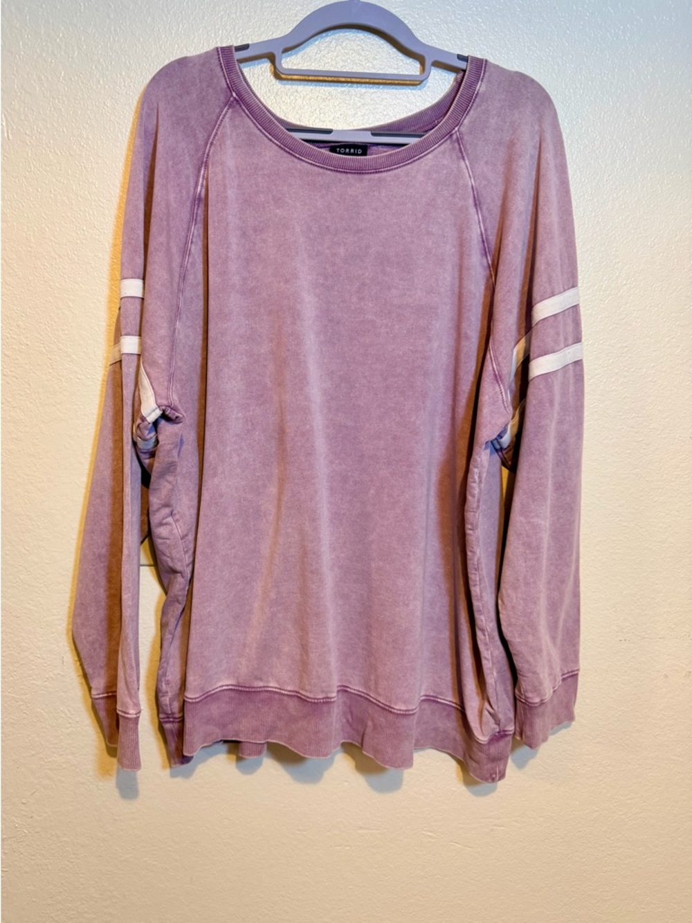 Torrid Lavender Vintage-Wash Pullover with White Sleeve Stripes